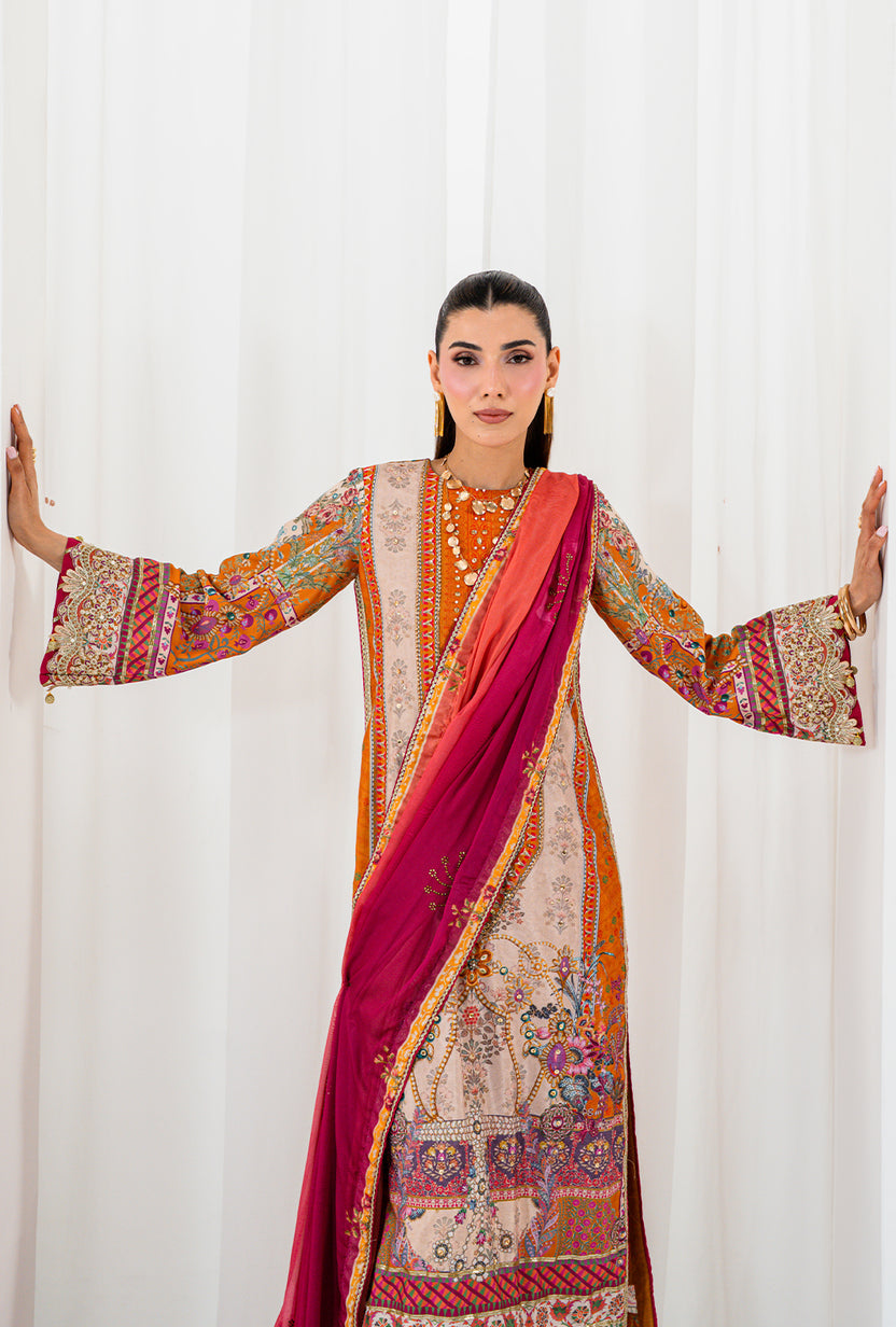 AA1 Original Crepesilk embroidered with adda work embellishement 3-piece with embedded silk dupata