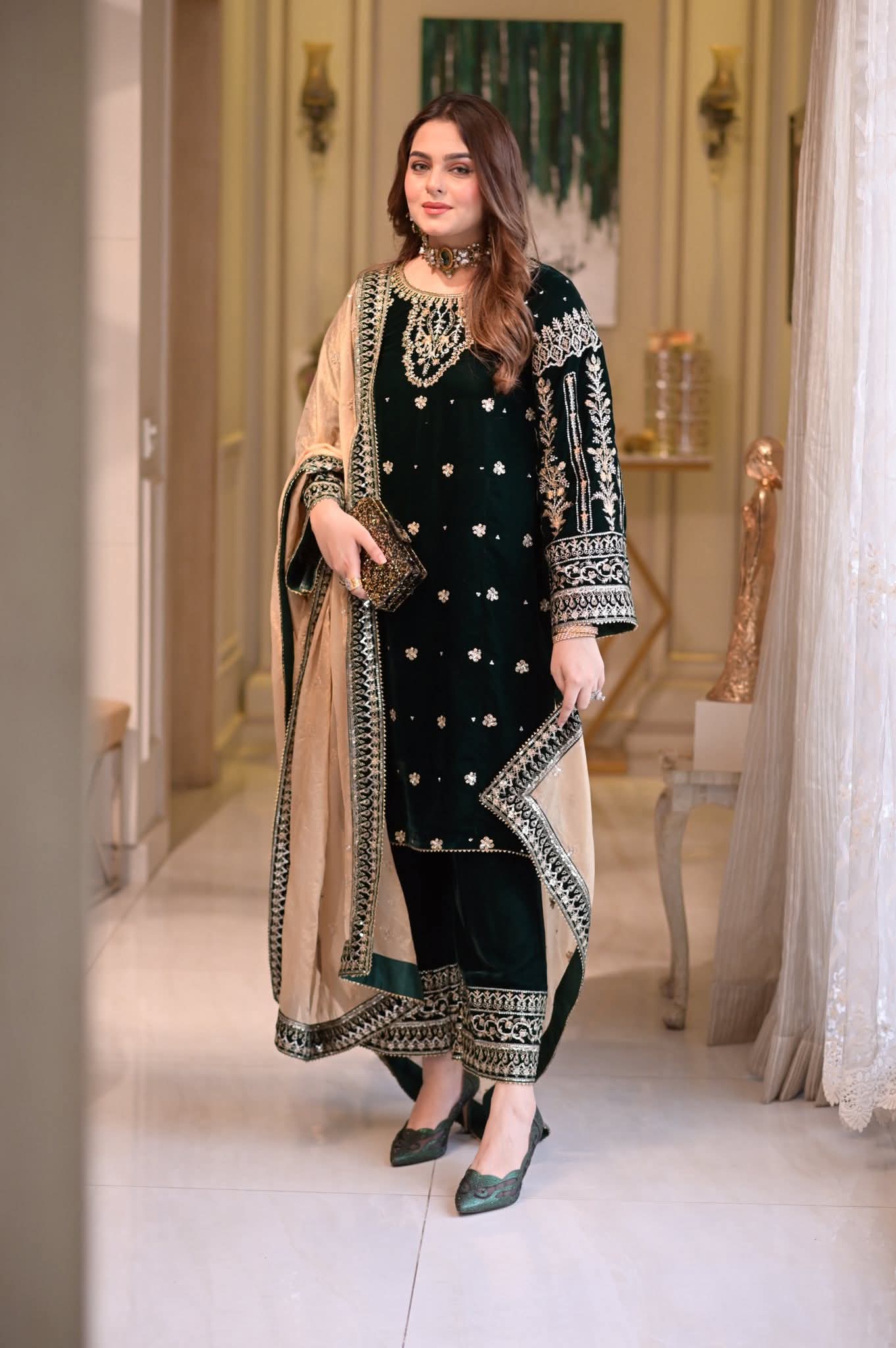 AAA Aneela's original velvet 3 piece suit with Masoori dupatta embroidered
