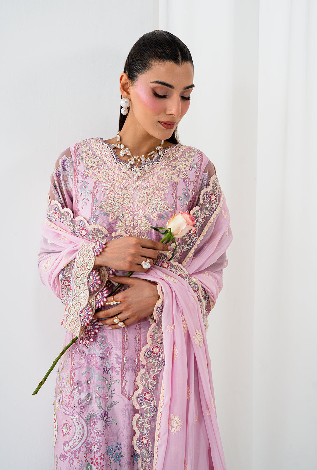 AA1 Original brand stitched crepe silk 3piece suit with silk full embroidered Dupata with 4side emberoidered patch