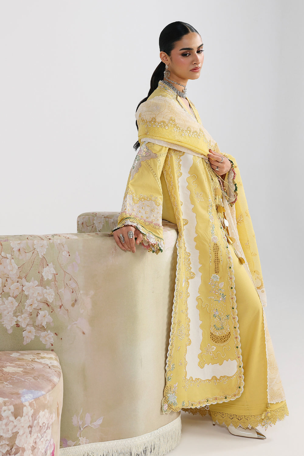 AA1 Original Qalamkar brand stitched 3-piece Luxury Lawn with soft net Dupatta Emberoidered embellished Dress.