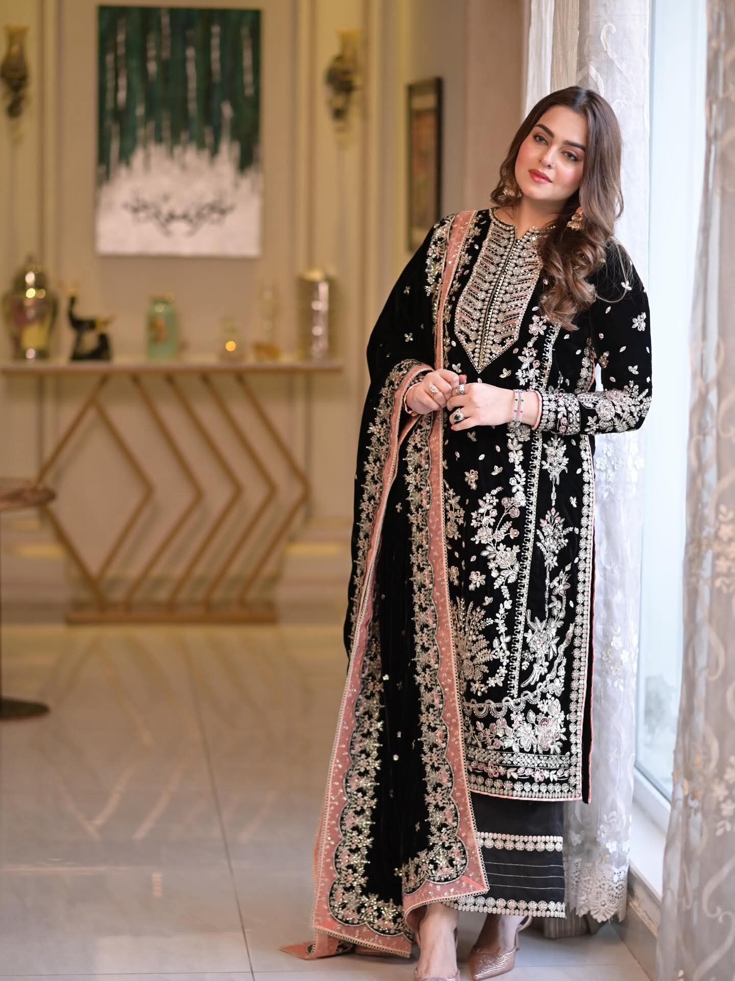 Aneela's original Luxury velvet suit kameez shawl with velvet material trouser embroidered silk fabric