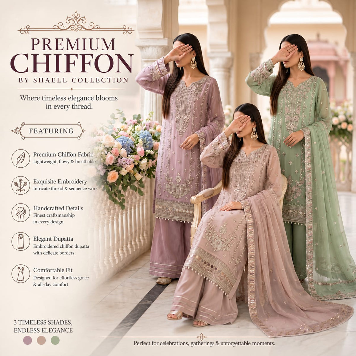 11A-Light Peach 3-piece chiffon stitch with chiffon dupata