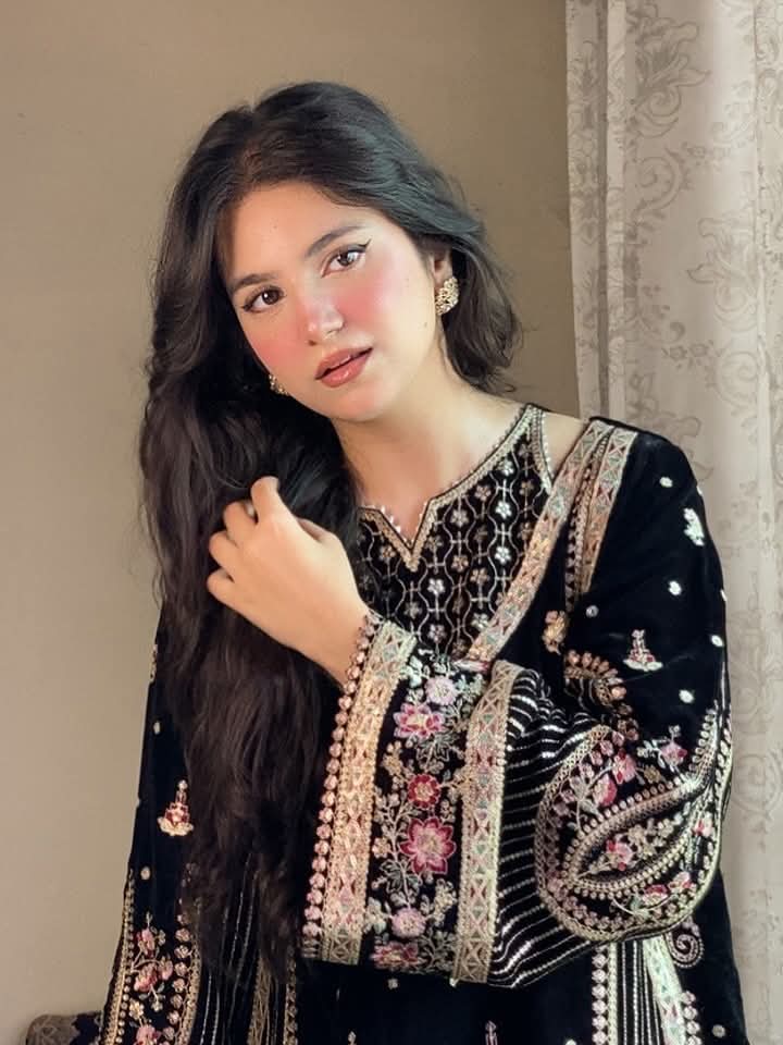 Aneela's original three-piece velvet suit as it is model pic