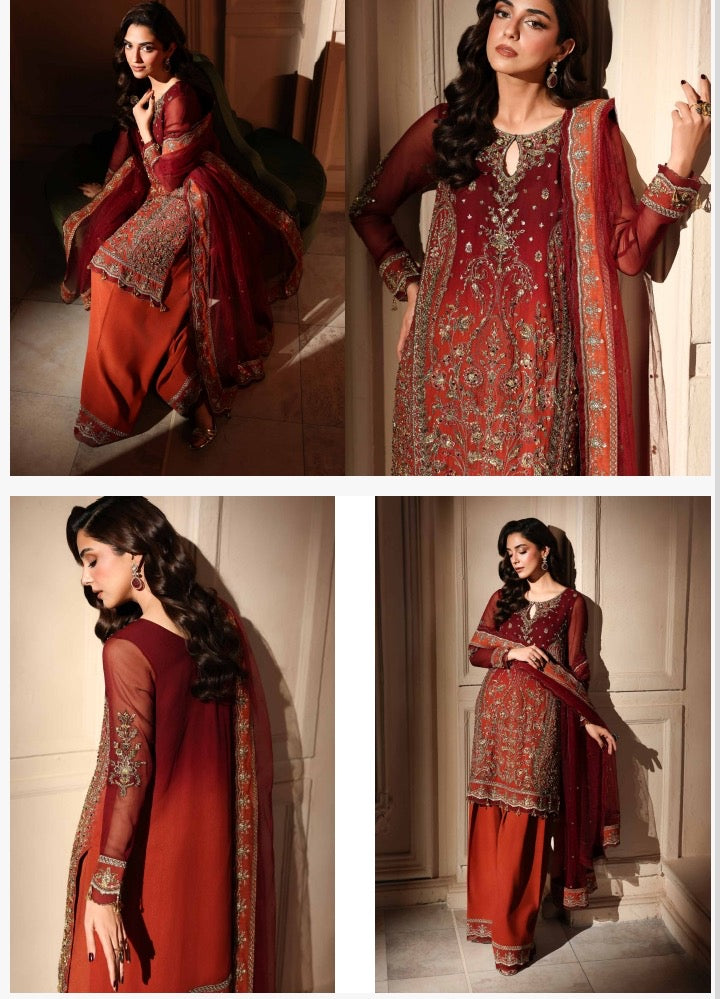 A11- Charizma brand stitched Dastanay jashan luxury chiffon embroidery with adda work 3-piece  same like model pic.