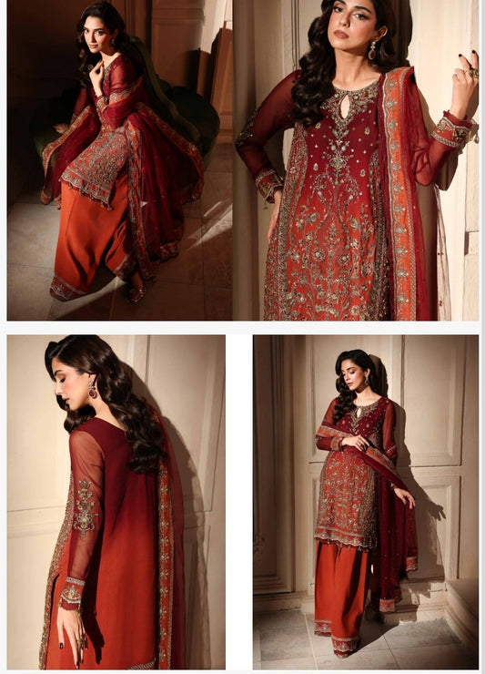 A11- Charizma brand stitched Dastanay jashan luxury chiffon embroidery with adda work 3-piece  same like model pic.