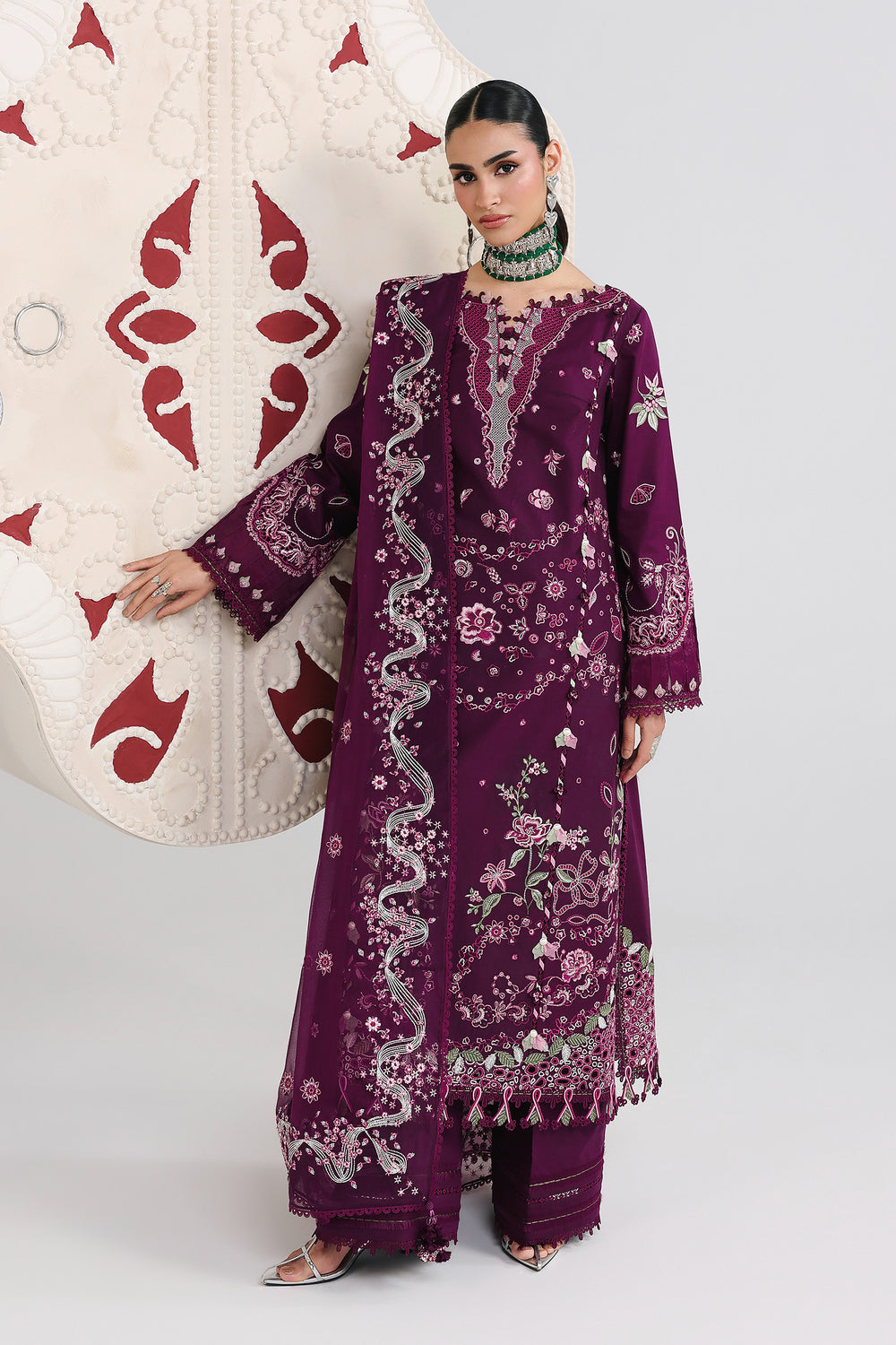 AA1 Original Qalamkar brand stitched 3-piece Luxury Lawn with Chiffon Dupatta Emberoidered embellished Dress.