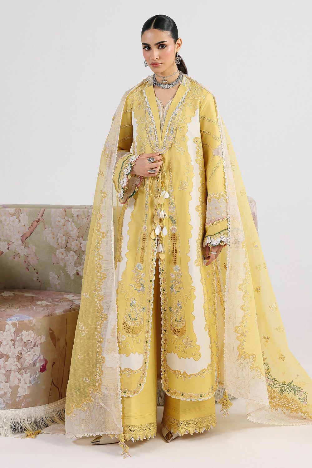 AA1 Original Qalamkar brand stitched 3-piece Luxury Lawn with soft net Dupatta Emberoidered embellished Dress.