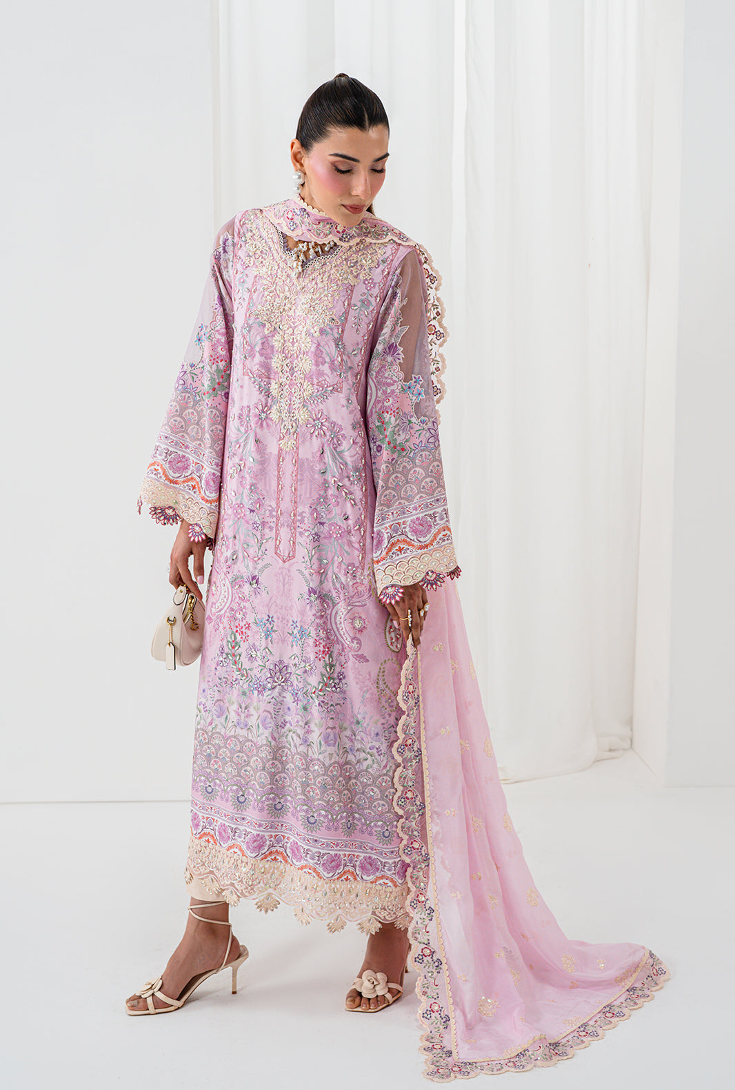 AA1 Original brand stitched  crepe silk 3piece suit with silk full embroidered Dupata with 4side emberoidered patch