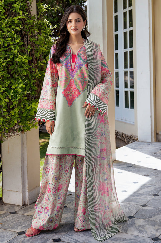 01 Chrizma original brand stitched 3-piece summer wear lawn embroidered with chiffon dupata.