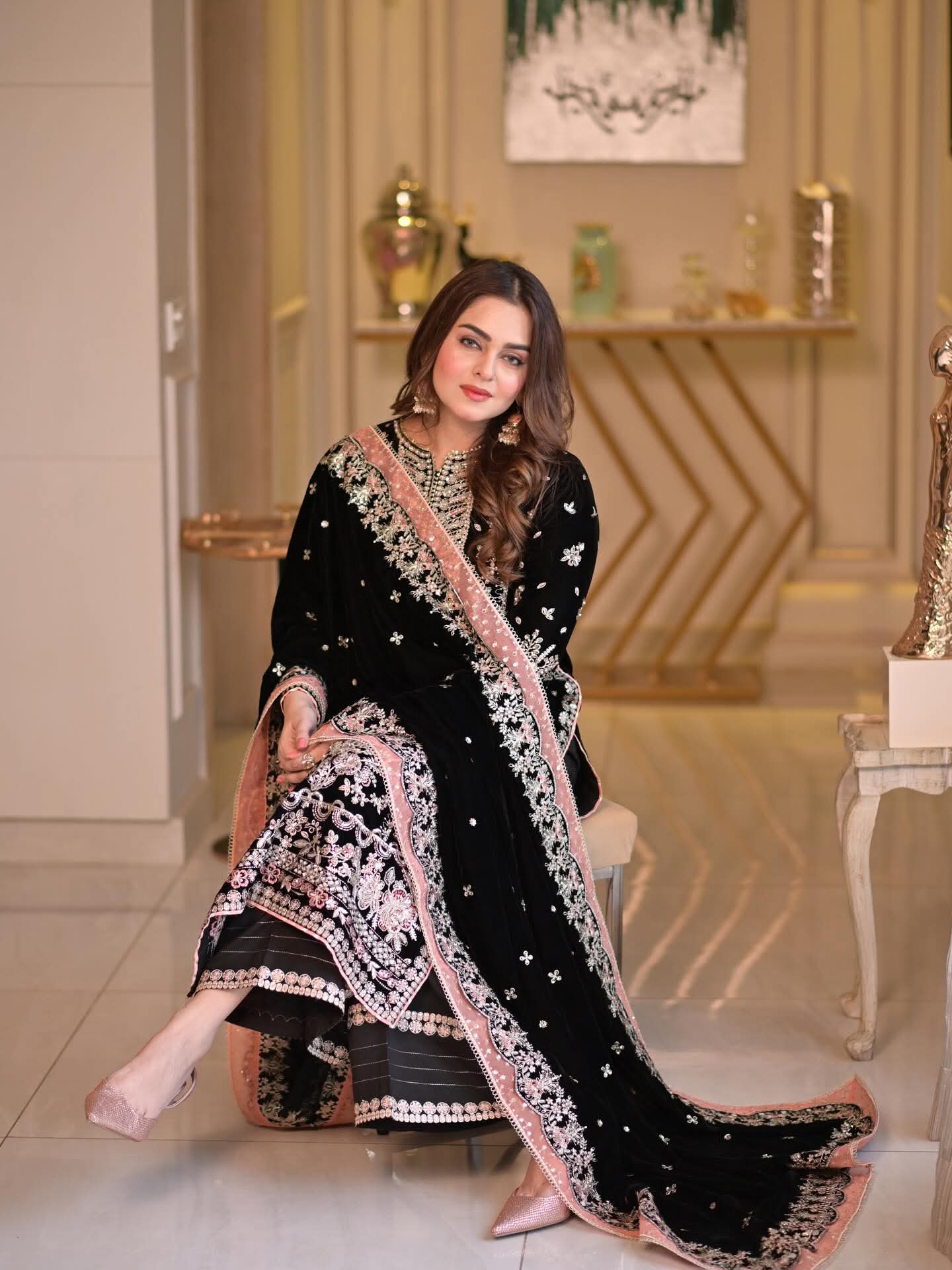 Aneela's original Luxury velvet suit kameez shawl with velvet material trouser embroidered silk fabric