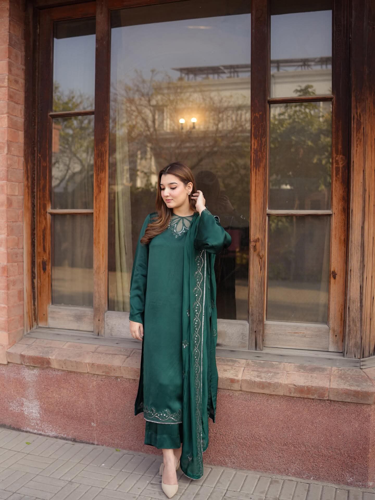 AA Aneela's original embroidered tussel silk with silk dupata 3-piece stitched same like model pic