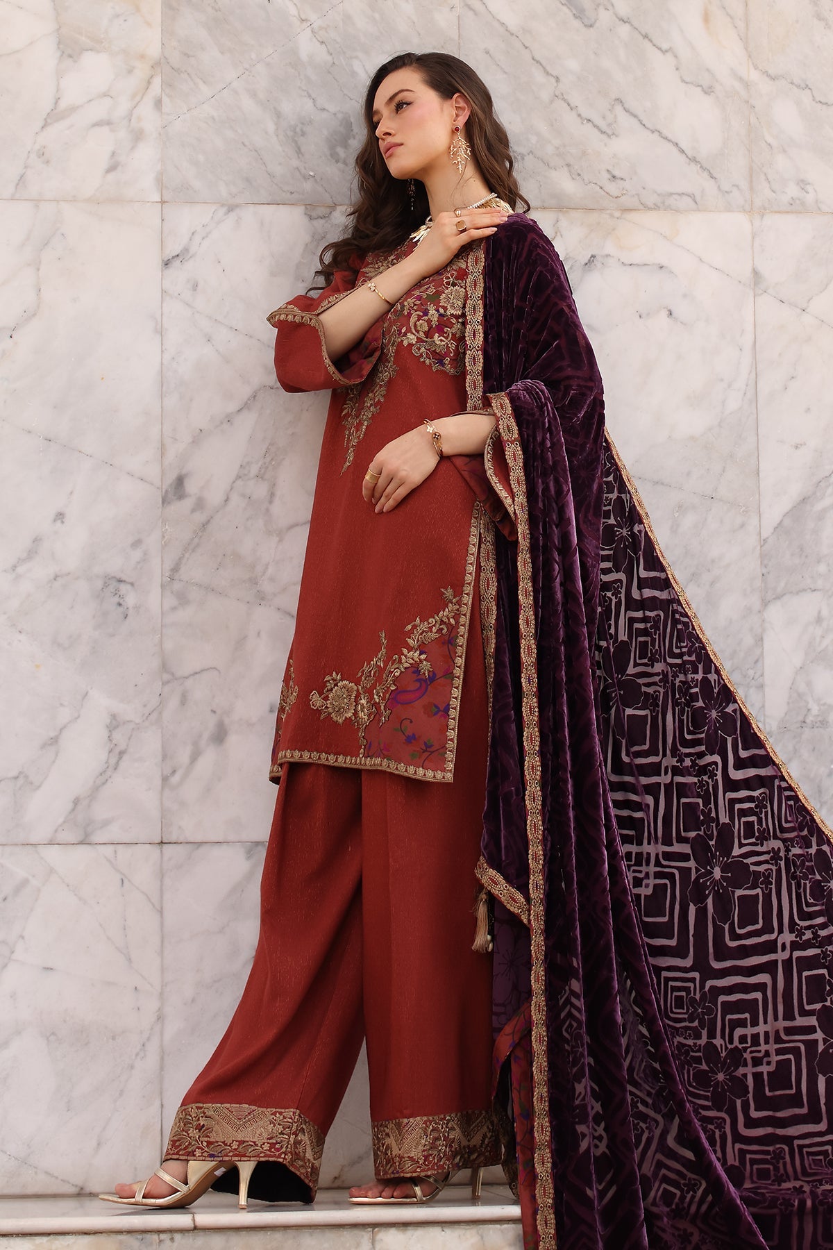 AAA Original by charizma brand stitched Peach Leather fabric with palachi Shawl 3-piece