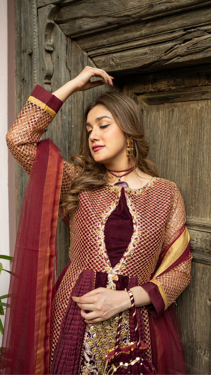 Original by Zahra ahmad brand front patch with velvet rest net fabric with sequin two piece