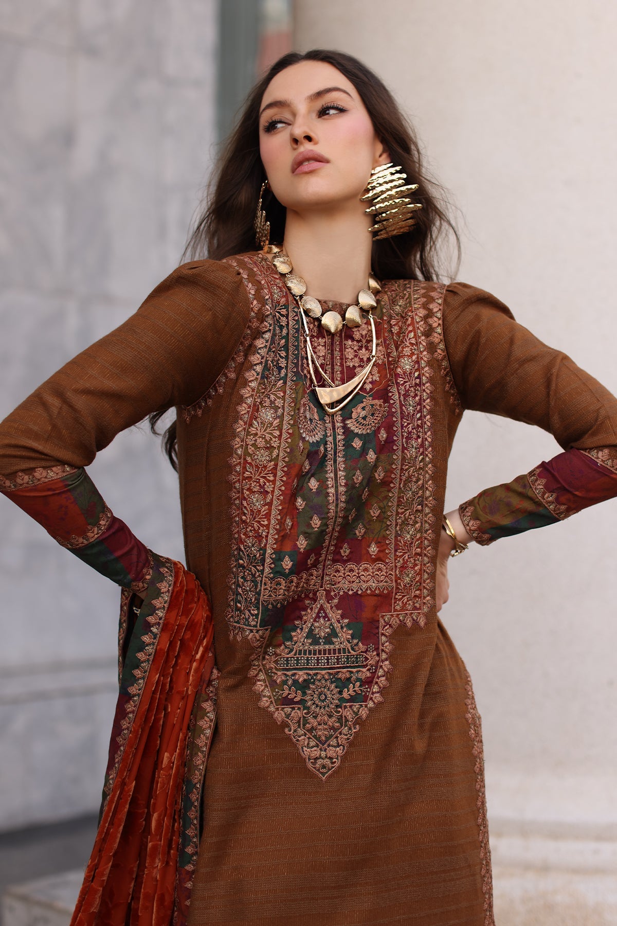 AAA Original by charizma brand stitched Peach Leather fabric with palachi Shawl 3-piece shirt length 45"