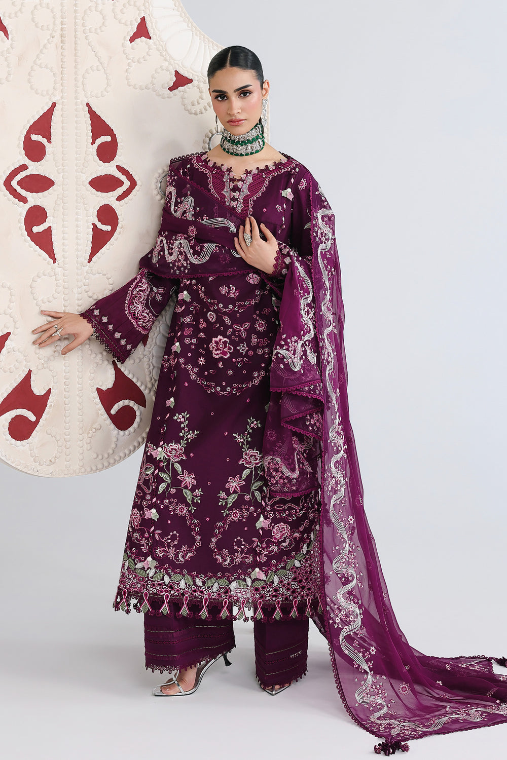 AA1 Original Qalamkar brand stitched 3-piece Luxury Lawn with Chiffon Dupatta Emberoidered embellished Dress.