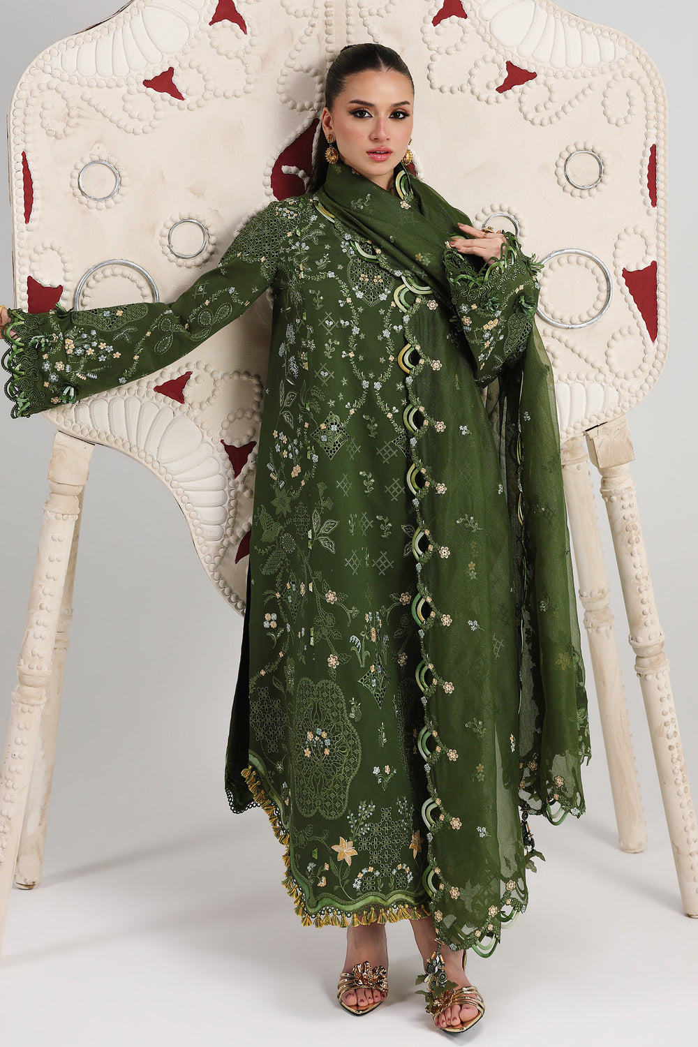 AA1 Original Qalamkar brand stitched 3-piece Luxury Lawn with soft net Dupatta Emberoidered embellished Dress.