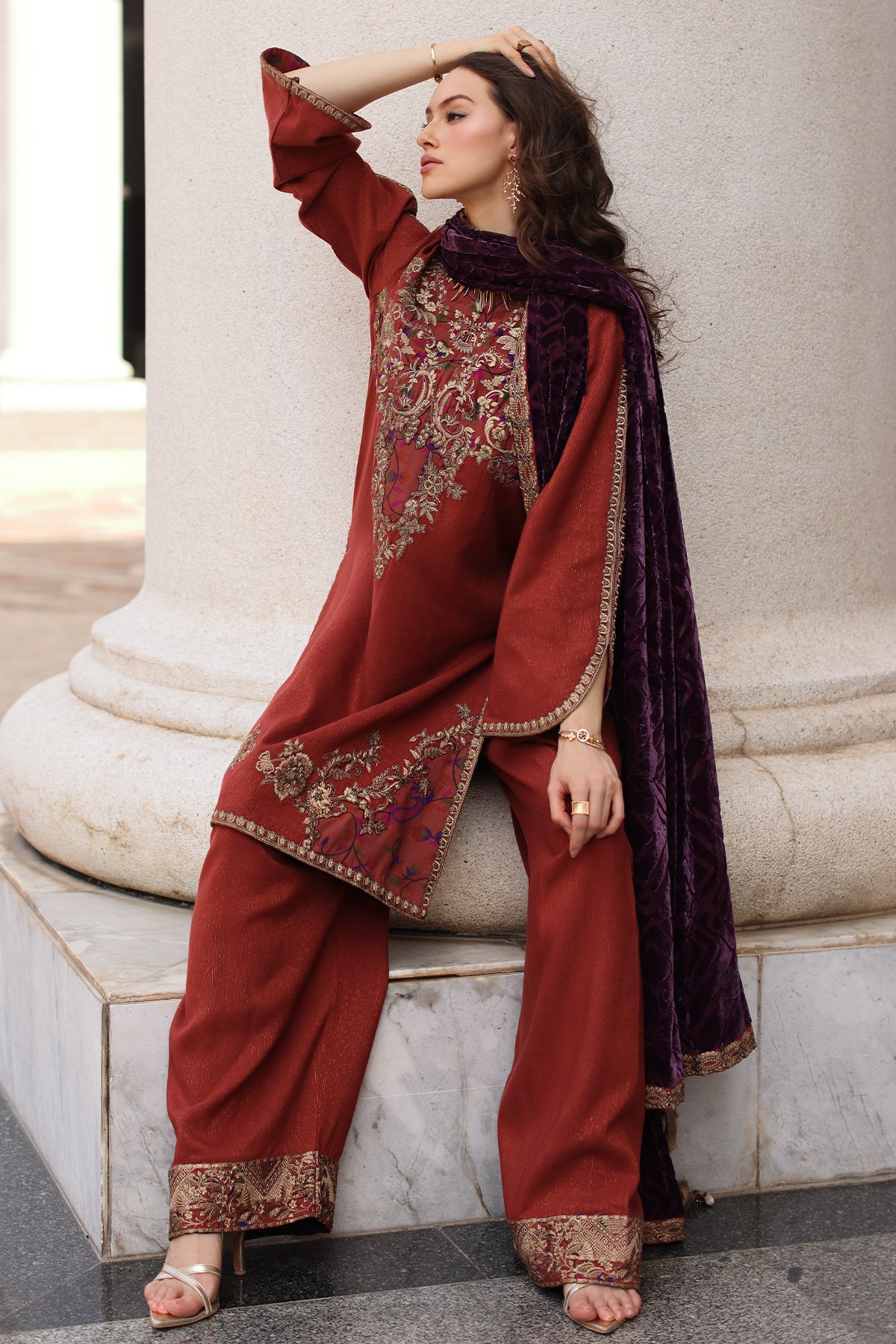 AAA Original by charizma brand stitched Peach Leather fabric with palachi Shawl 3-piece
