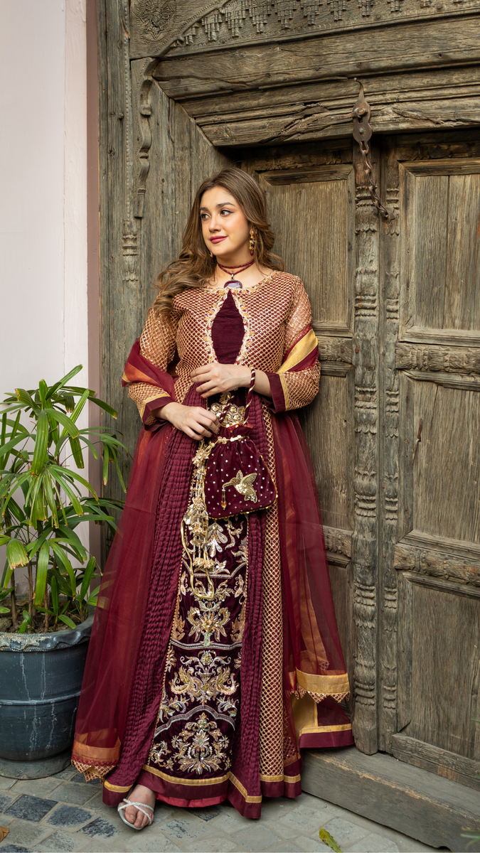 Original by Zahra ahmad brand front patch with velvet rest net fabric with sequin two piece