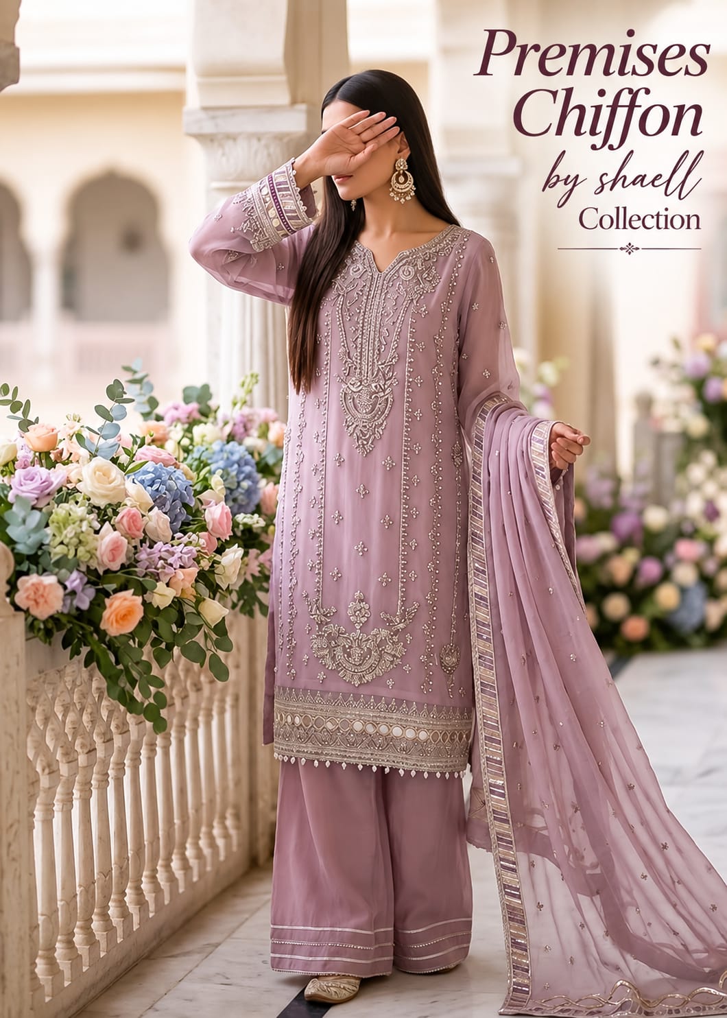 11A-Lilac 3-piece chiffon collection with chiffon dupata border cut work