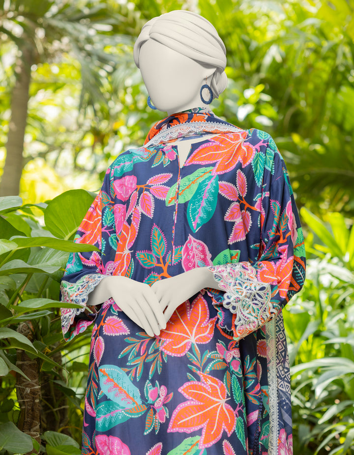 J. Original tailor stitched 3-piece Embroidered Lawn with lawn dupata embellished with lace and pearl hanging
