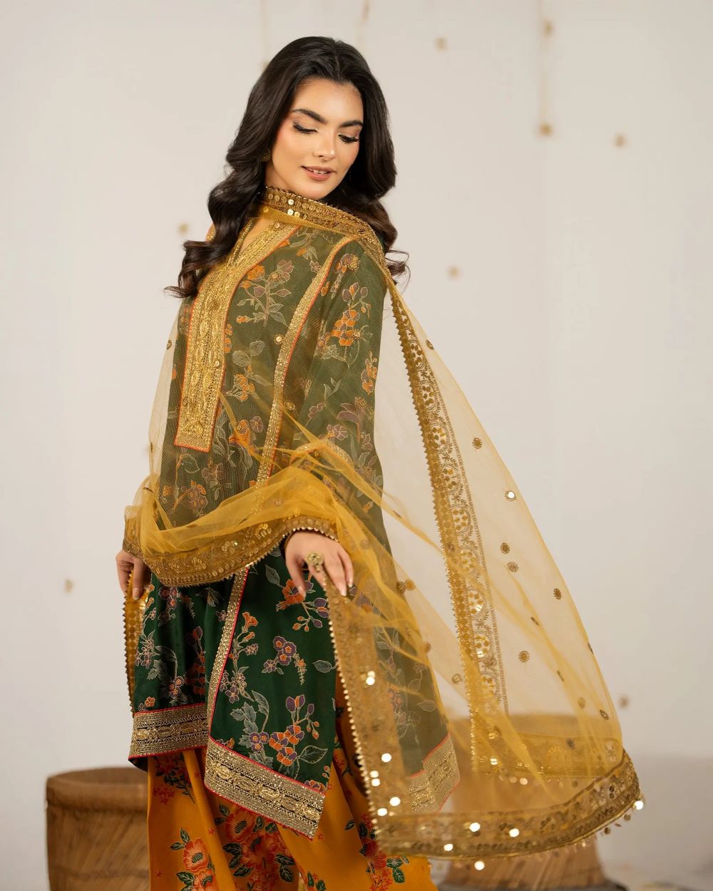 AAA Original by sha Posh brand raw silk material with net dupata with farshi shalwar