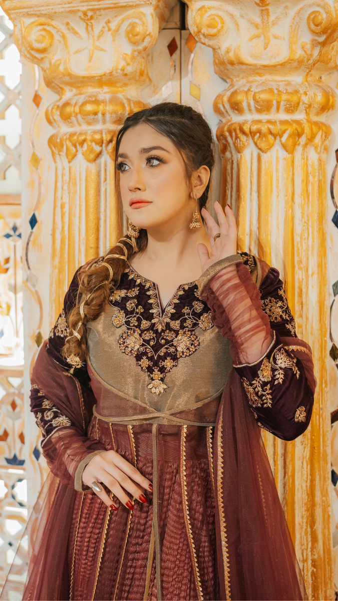 Original by Zahra ahmad brand neckline embellish with velvet and frock with net fabric with net dupata 2 piece