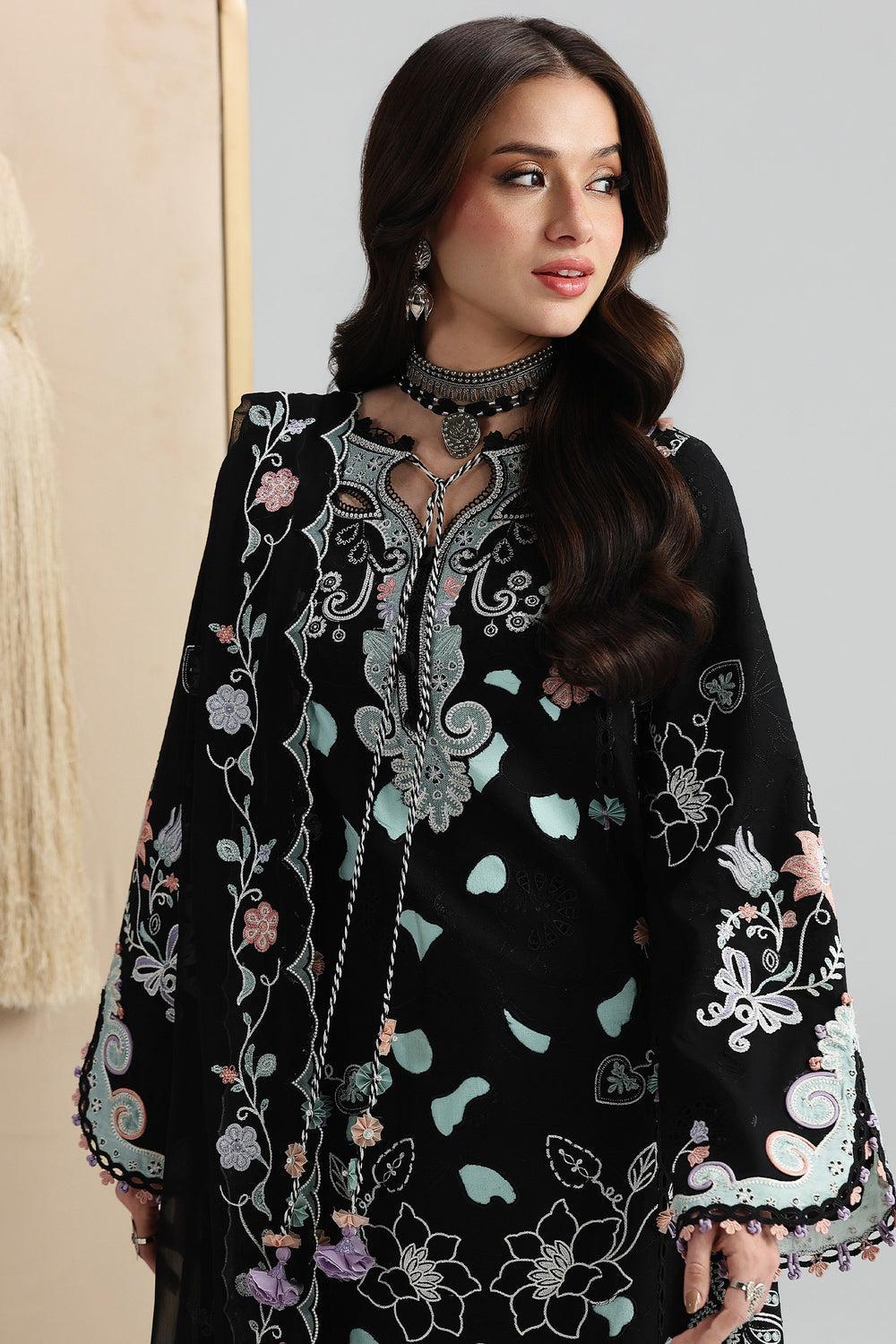 AA1 Original Qalamkar brand stitched 3-piece Luxury Lawn with Chiffon Dupatta Emberoidered embellished Dress.