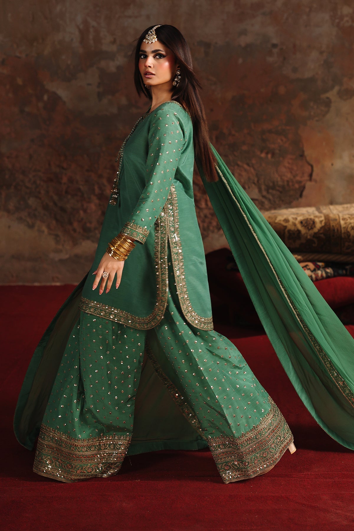 AAA Original by charizma raw silk material with chiffon dupata fully embroidered suit