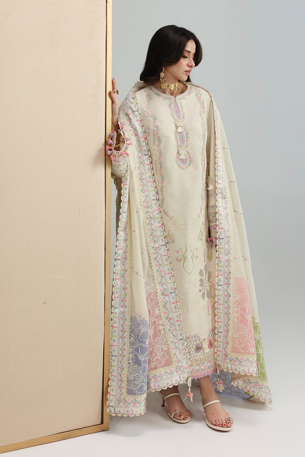 AA1 Original Qalamkar brand stitched 3-piece Luxury Lawn with soft net Dupatta Emberoidered embellished Dress.