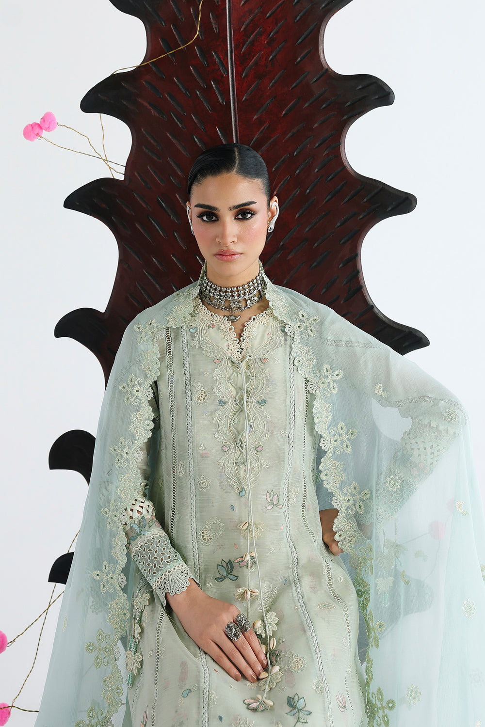 AA1 Original Qalamkar brand stitched 3-piece Luxury Lawn with soft net Dupatta Emberoidered embellished Dress.