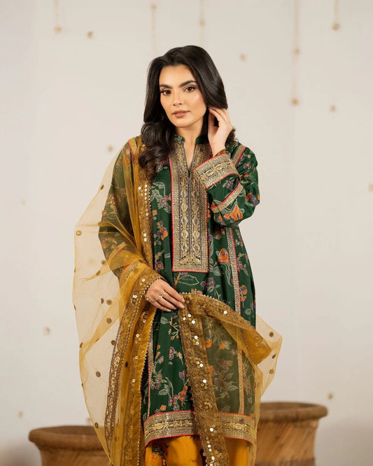 AAA Original by sha Posh brand raw silk material with net dupata with farshi shalwar