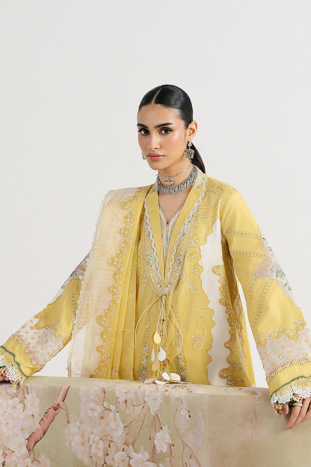 AA1 Original Qalamkar brand stitched 3-piece Luxury Lawn with soft net Dupatta Emberoidered embellished Dress.