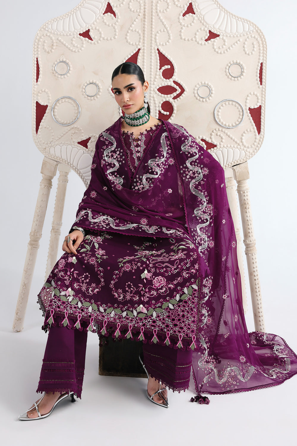 AA1 Original Qalamkar brand stitched 3-piece Luxury Lawn with Chiffon Dupatta Emberoidered embellished Dress.