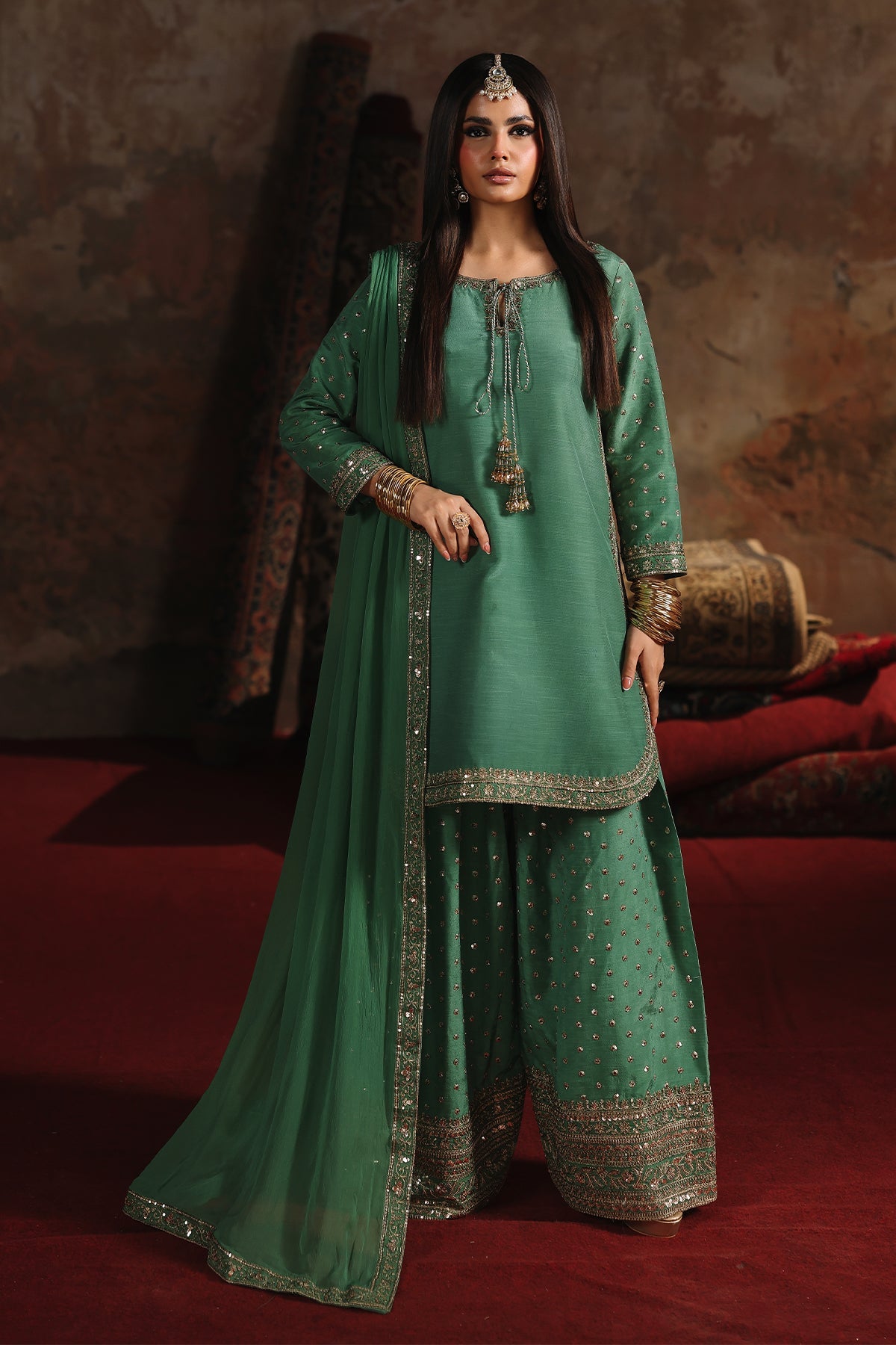AAA Original by charizma raw silk material with chiffon dupata fully embroidered suit