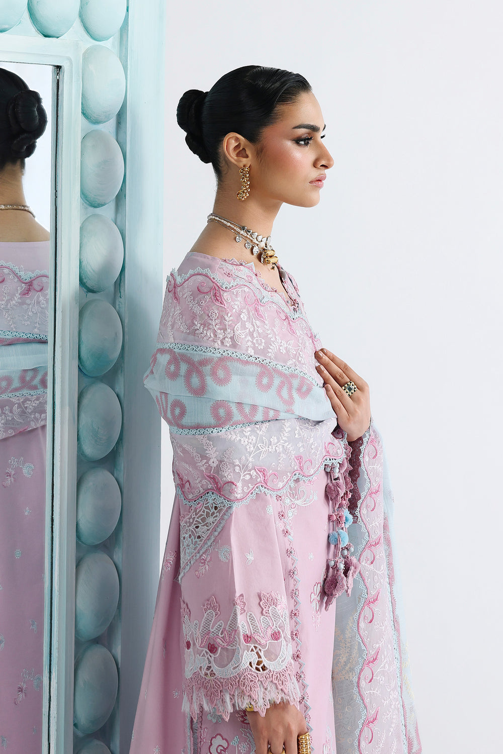 AA1 Original Qalamkar brand stitched 3-piece Luxury Lawn with soft net Dupatta Emberoidered embellished Dress.
