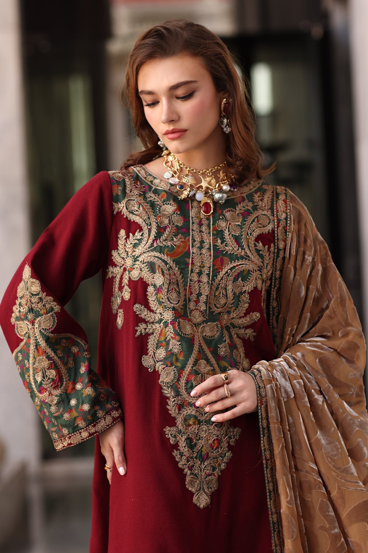 AAA Original by charizma brand stitched Peach Leather fabric with palachi Shawl 3-piece