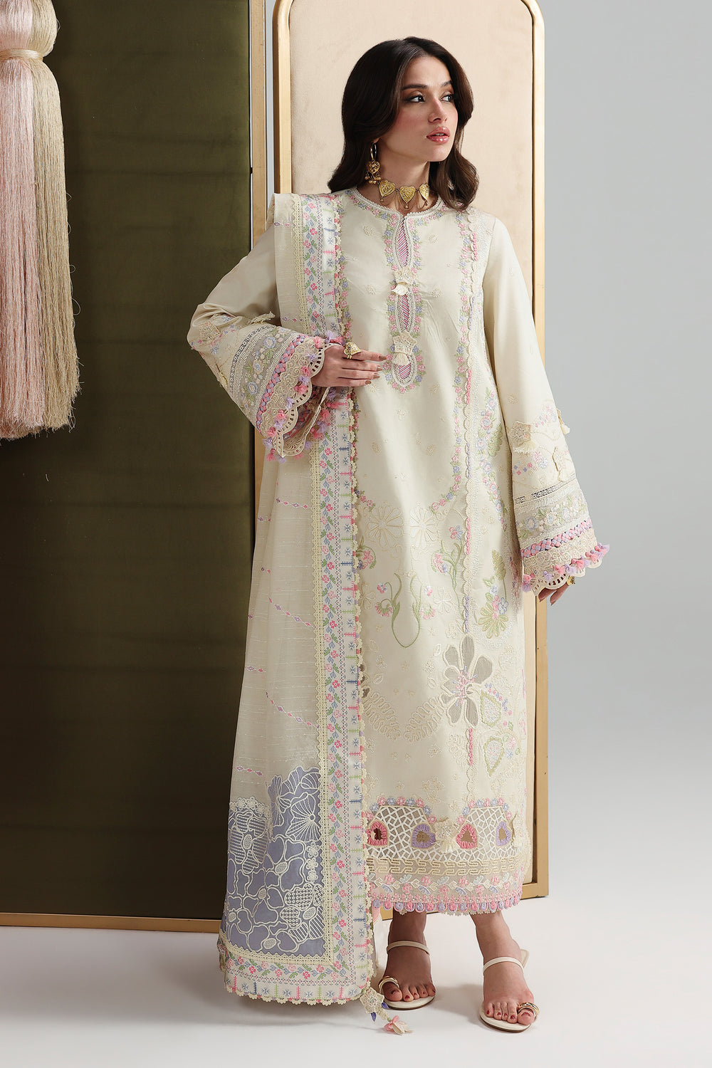 AA1 Original Qalamkar brand stitched 3-piece Luxury Lawn with soft net Dupatta Emberoidered embellished Dress.