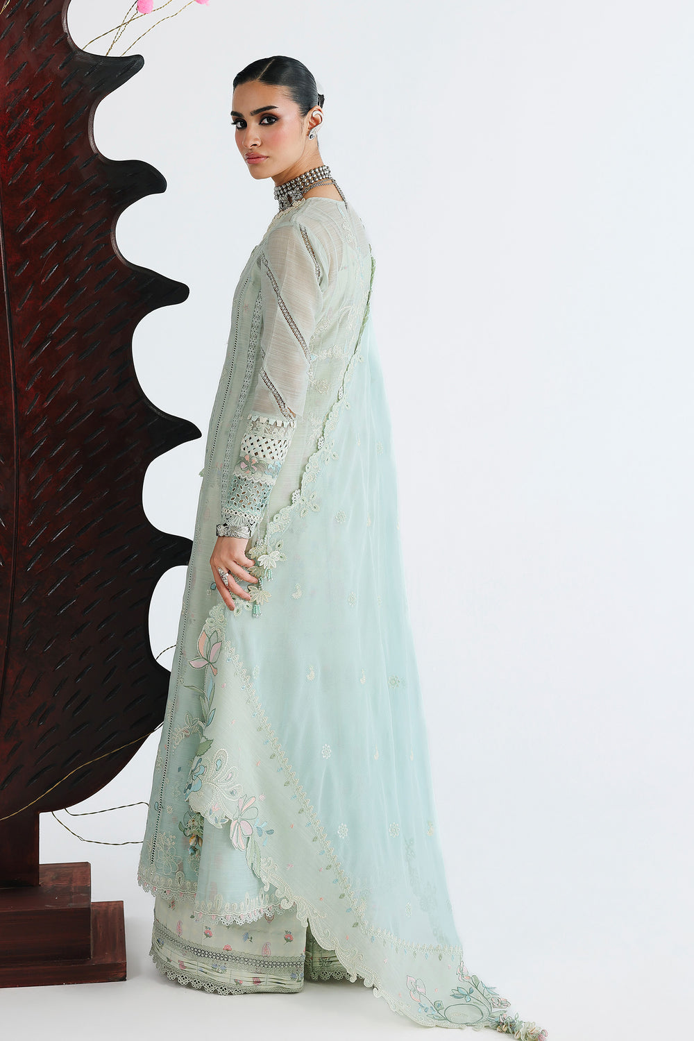 AA1 Original Qalamkar brand stitched 3-piece Luxury Lawn with soft net Dupatta Emberoidered embellished Dress.