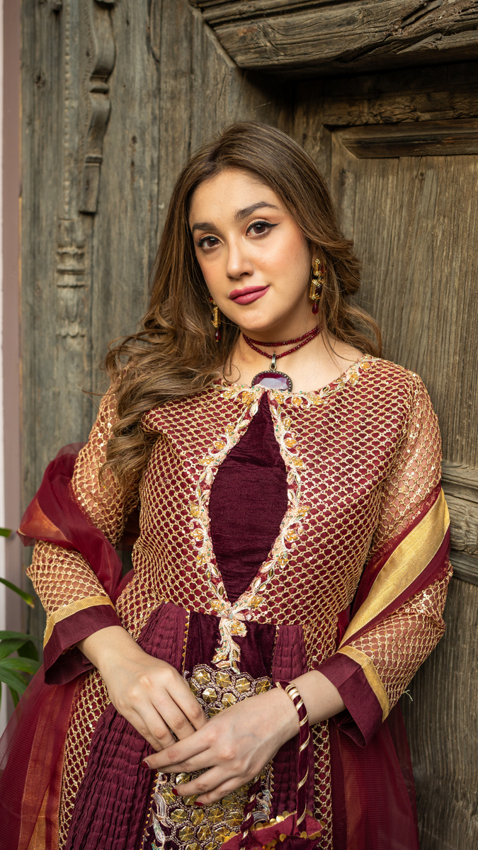 Original by Zahra ahmad brand front patch with velvet rest net fabric with sequin two piece