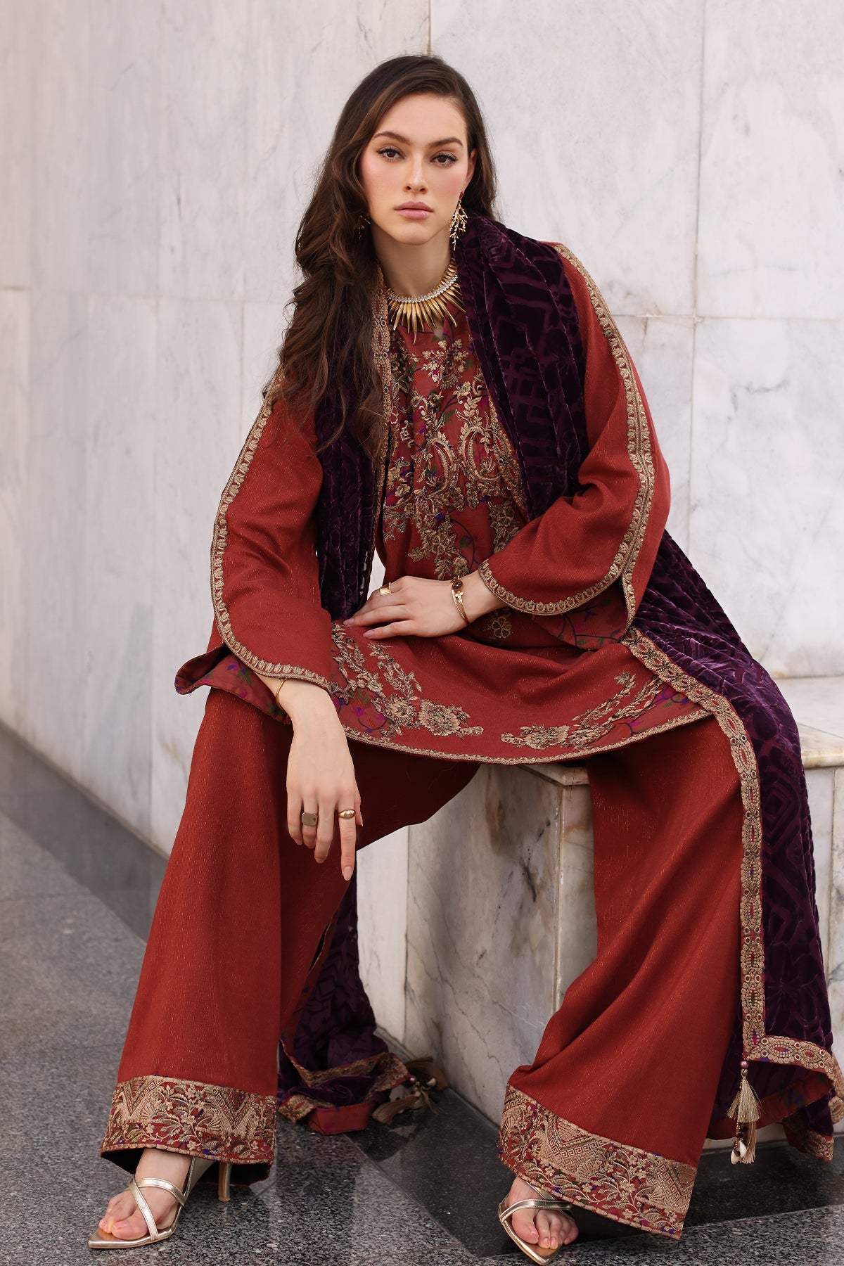 AAA Original by charizma brand stitched Peach Leather fabric with palachi Shawl 3-piece