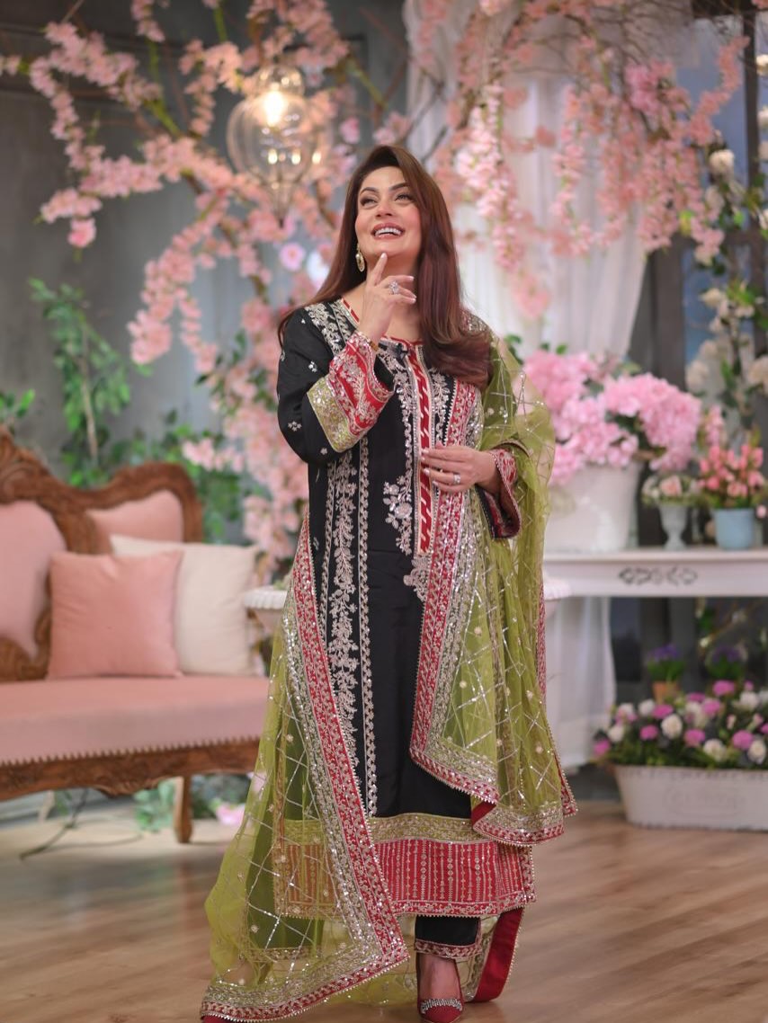 Aneela's original Luxury Embroidered raw silk Material with soft net dupata 3-piece suit