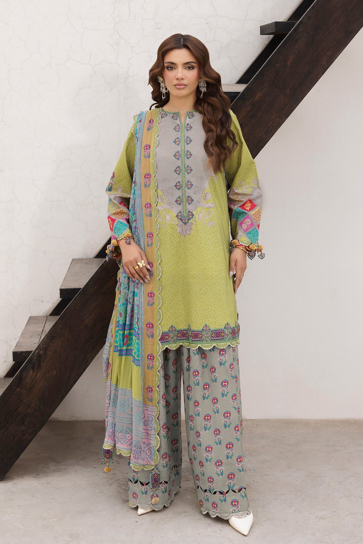 AA1 Original charizma brand 3-piece stitched Embroidered Lawn with chiffon dupata