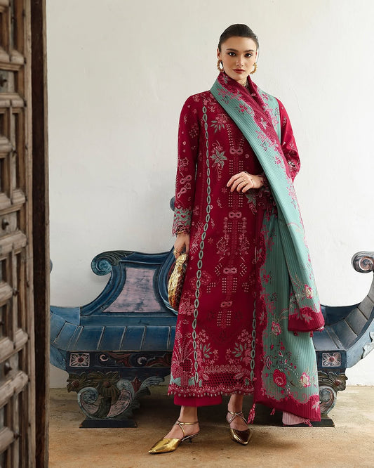 original qalamqar brand Stitched Embroidered Linen with jiqard dupatta 48" length as it is model pic