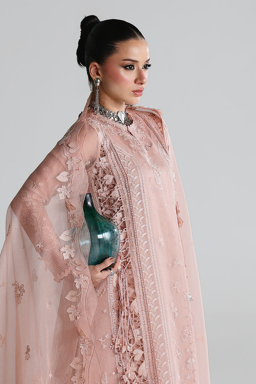 AA1 Original Qalamkar brand stitched 3-piece Luxury Lawn with soft net Dupatta Emberoidered embellished Dress.
