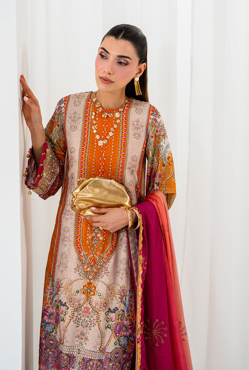 AA1 Original Crepesilk embroidered with adda work embellishement 3-piece with embedded silk dupata