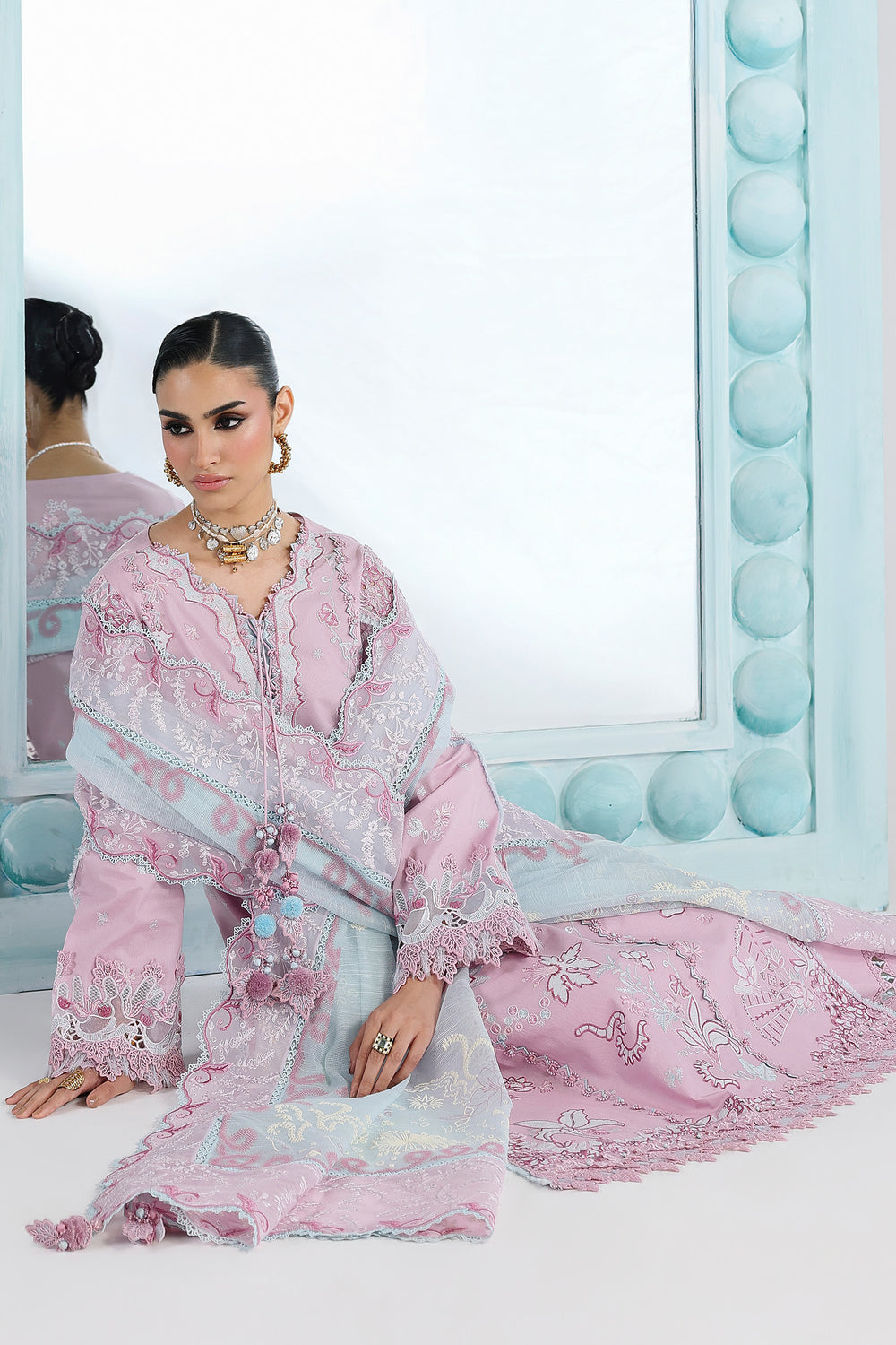 AA1 Original Qalamkar brand stitched 3-piece Luxury Lawn with soft net Dupatta Emberoidered embellished Dress.