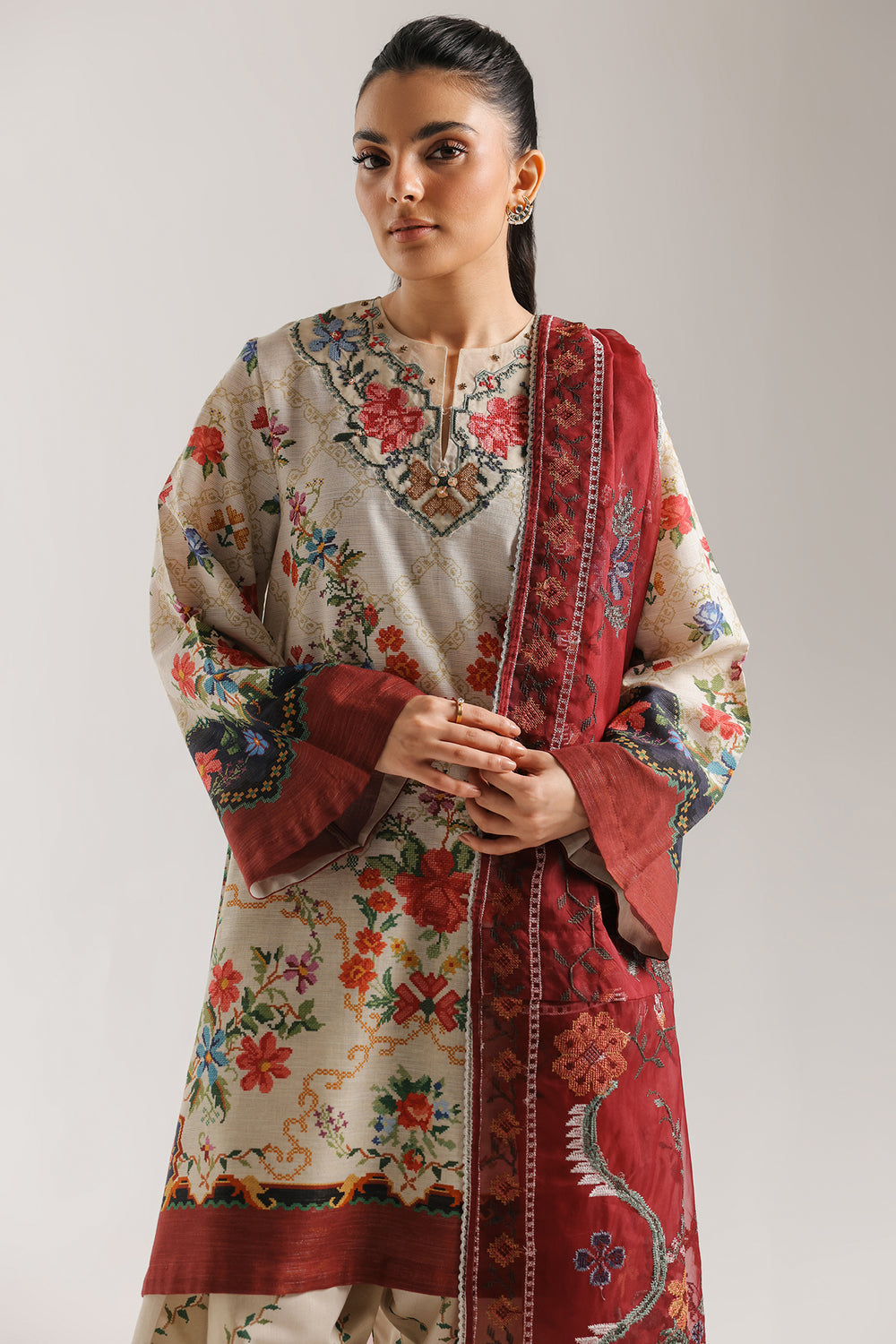 ETHNIC ORIGINAL 3-PIECE Summerwear with organza dupatta farshi shalwar