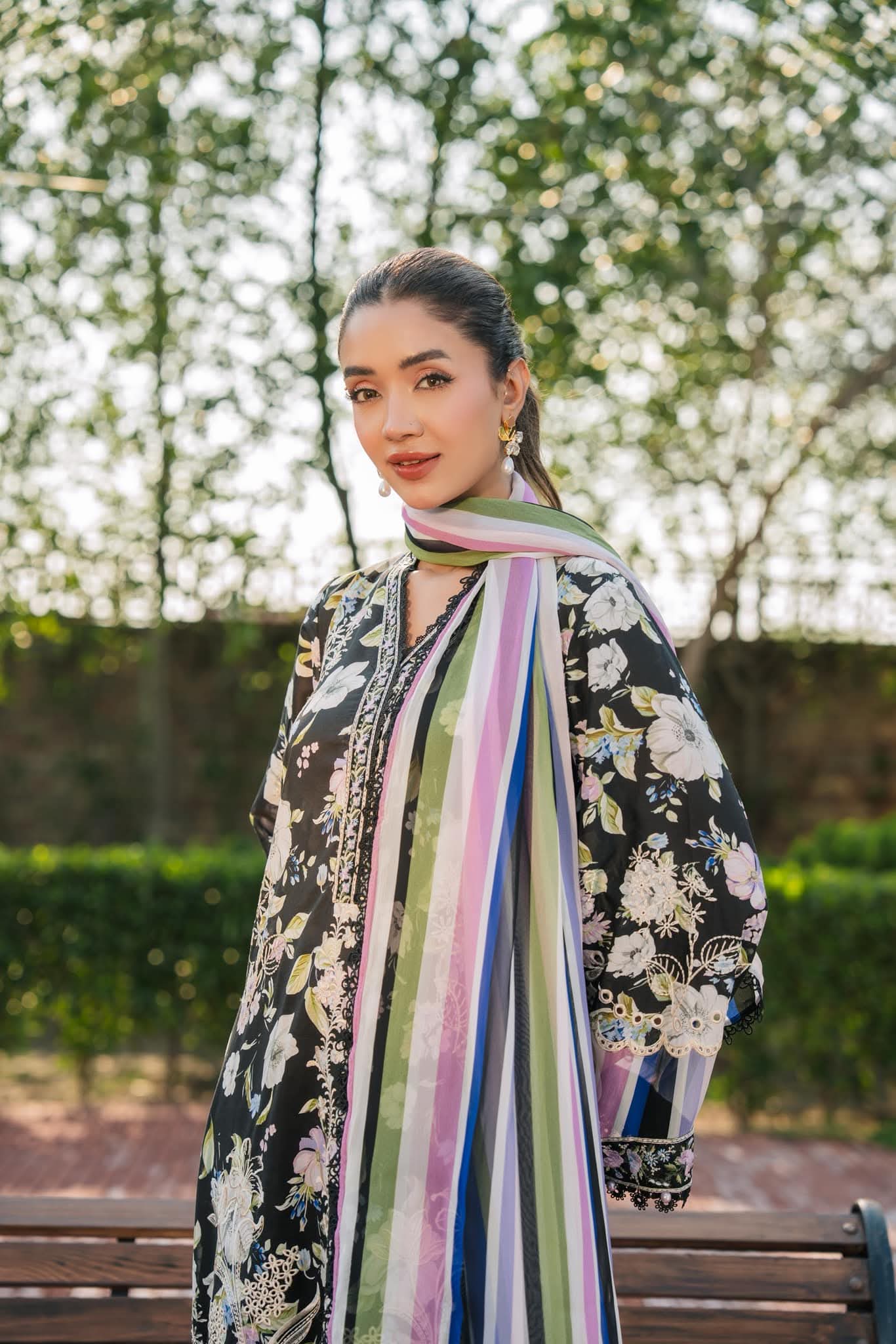 Aneela's original brand stitched full Embroidered lawn with chiffon dupata
