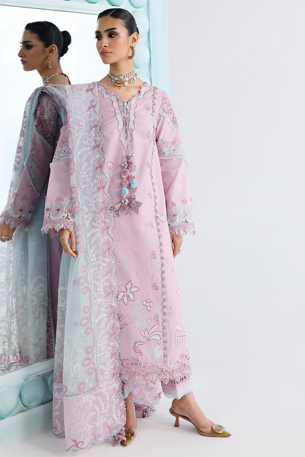 AA1 Original Qalamkar brand stitched 3-piece Luxury Lawn with soft net Dupatta Emberoidered embellished Dress.