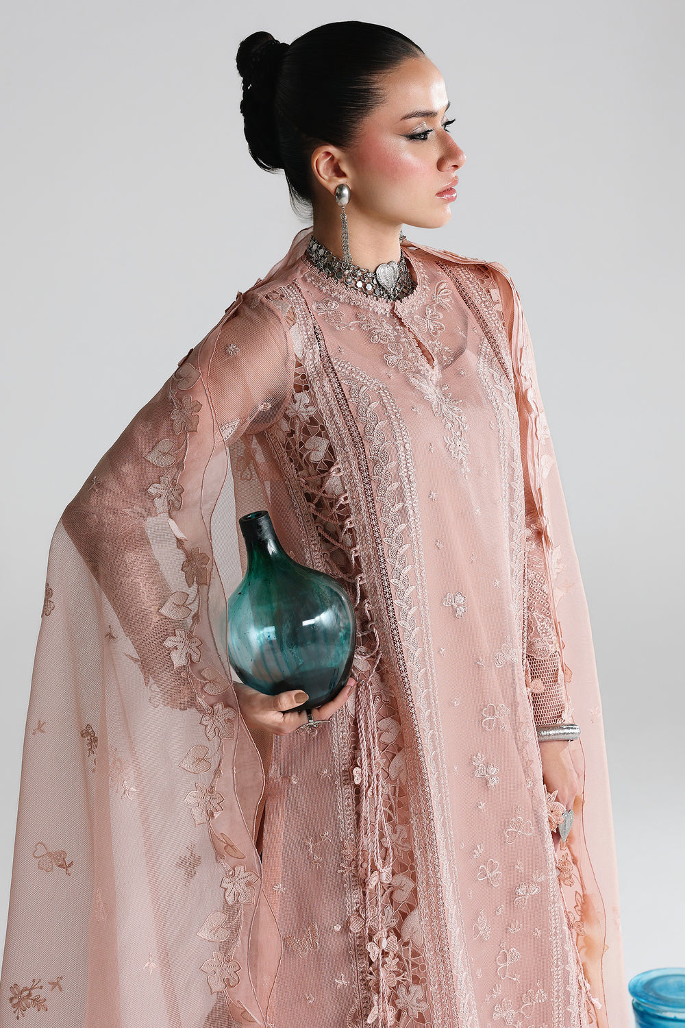AA1 Original Qalamkar brand stitched 3-piece Luxury Lawn with soft net Dupatta Emberoidered embellished Dress.